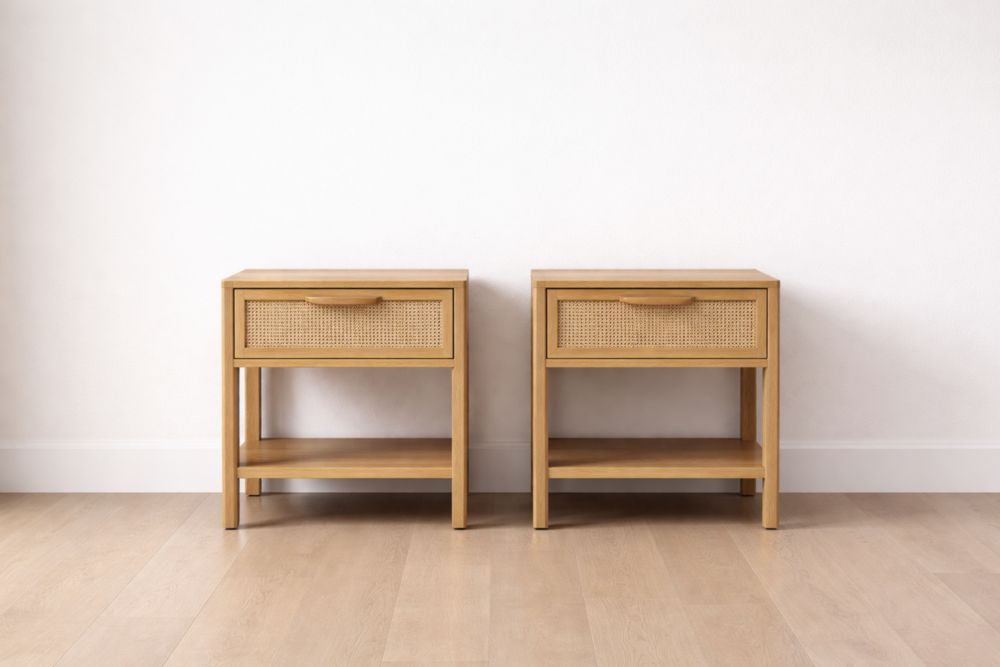 Set of 2 Wooden Nightstands with Cane Drawer and Open Shelf Natural 50cm x 40cm x 60cm