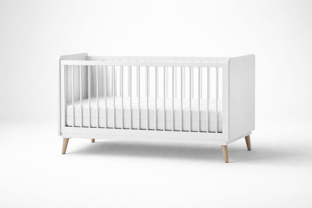 White Solid Wood Baby Crib with Mattress 137cm x 75cm x 91cm