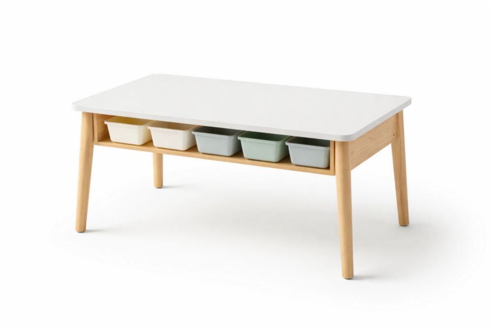Children's Table with Solid wood Frame and Four Polypropylene Bins White/Natural Wood