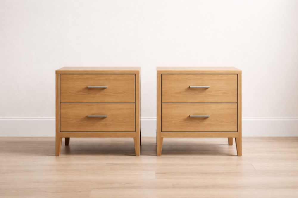 Set of 2 Solid Oak Wood Nightstands with Two Drawers