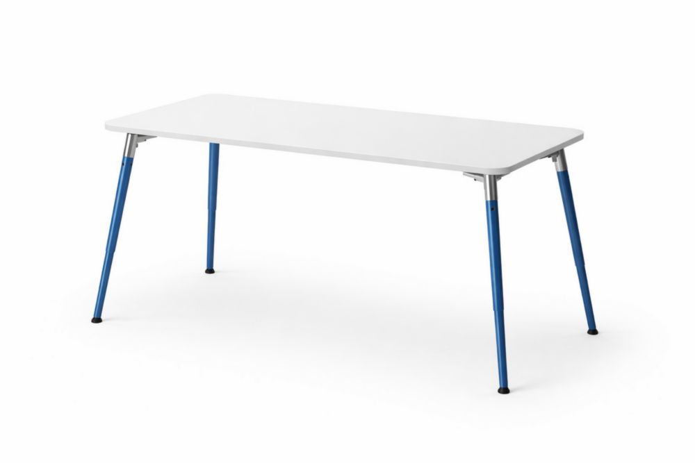 Rectangular Adjustable Table with White Top and Blue Steel Legs