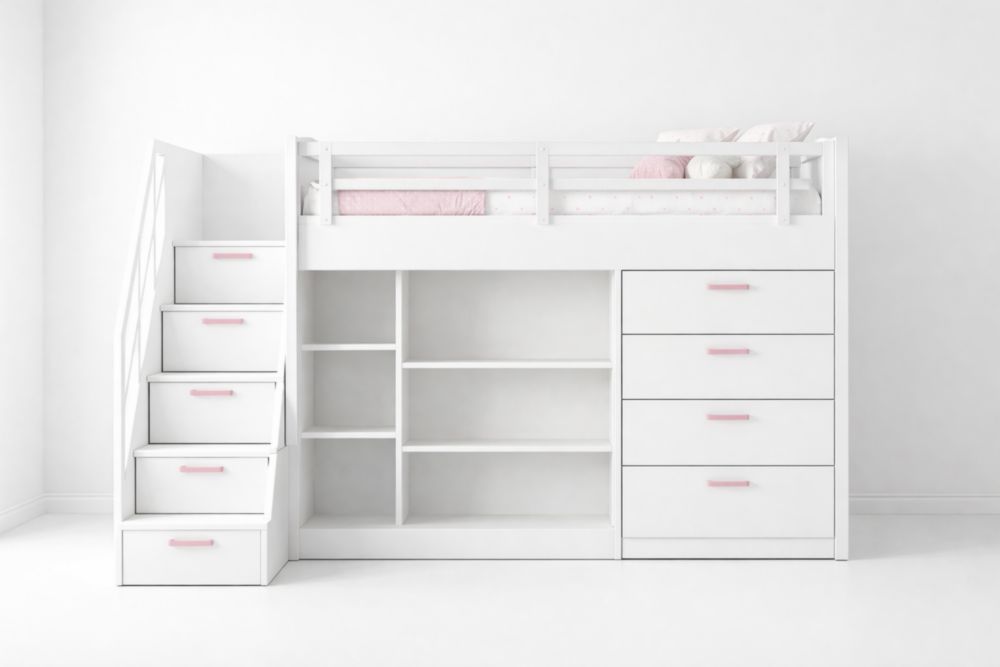 Engineered Wood Loft Bed with Staircase Storage and Shelving in White/Pink