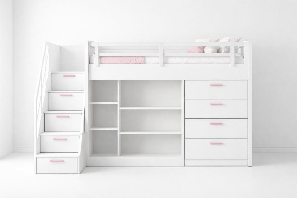 Engineered Wood Loft Bed with Staircase Storage and Shelving in White/Pink