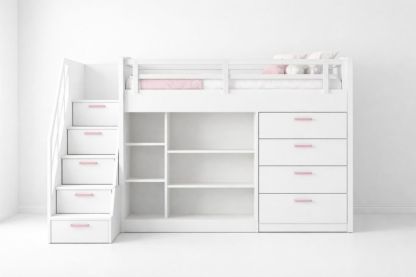 Engineered Wood Loft Bed with Staircase Storage and Shelving in White/Pink