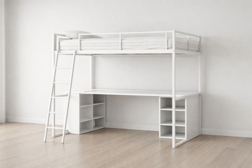 White Loft Bed with Desk and Aluminum Frame - 200cm x 100cm x 180cm