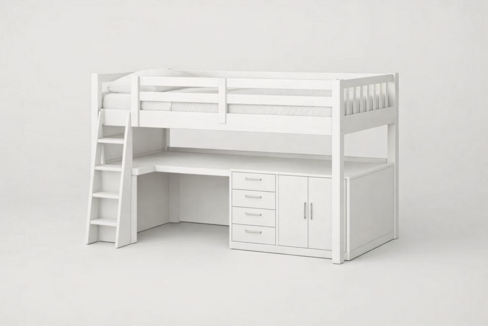 White Solid pine wood Loft Bed with Desk and Storage