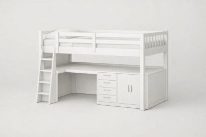 White Solid pine wood Loft Bed with Desk and Storage