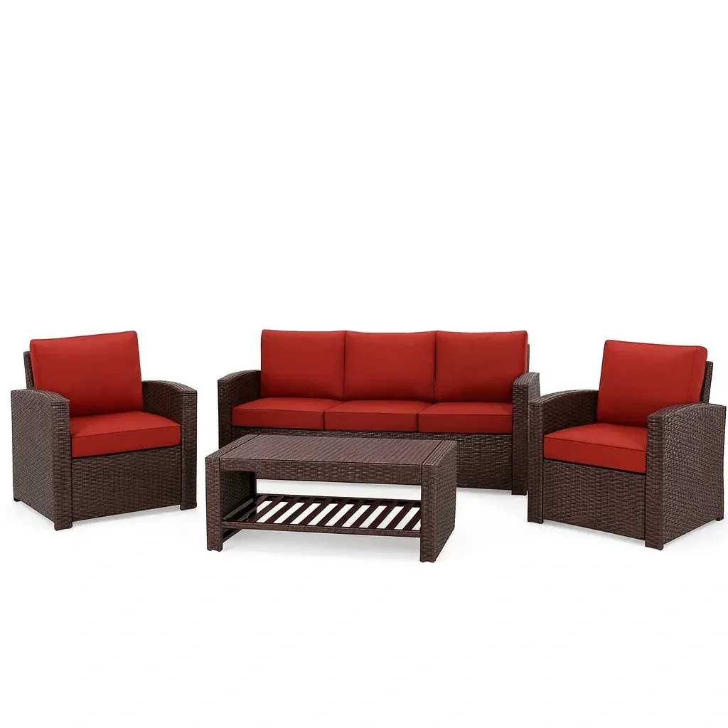 Conversation set Outdoor Wicker Sofa with Red Cushions-SOFARIKA
