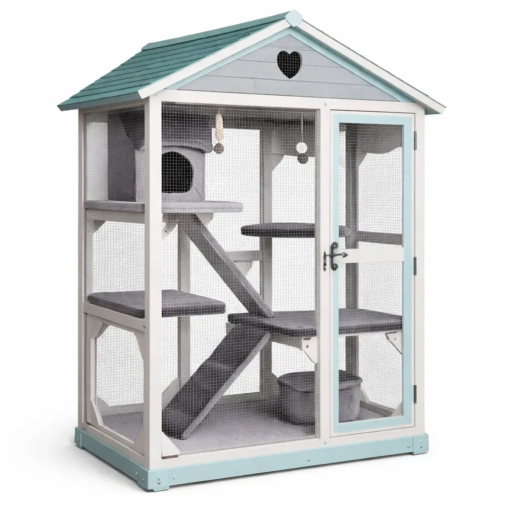 Cat cage Wooden with Blue Roof and Multiple Levels-SOFARIKA
