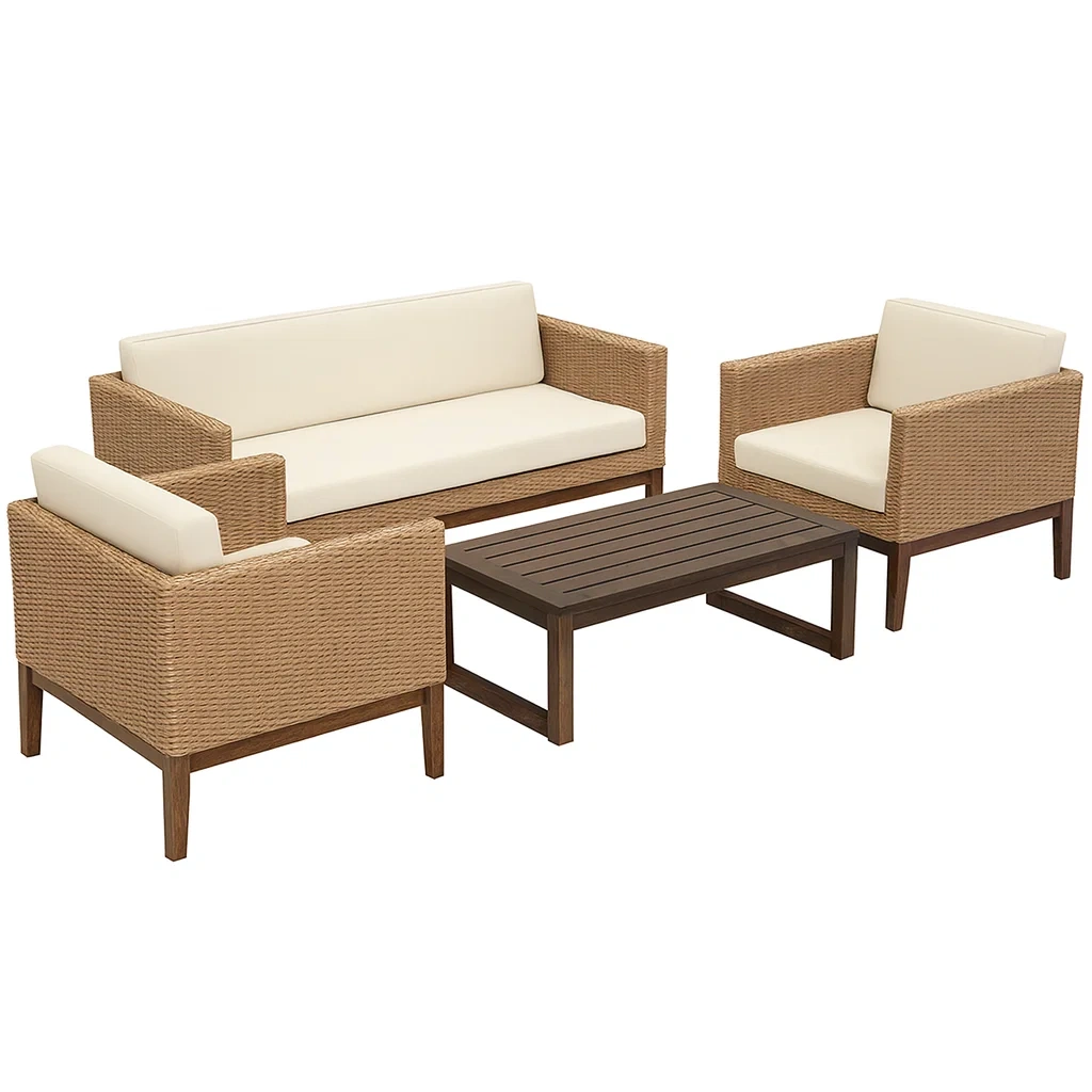 Conversation set Outdoor Sofa Beige PE Rattan with Cushions Wood Frame-SOFARIKA