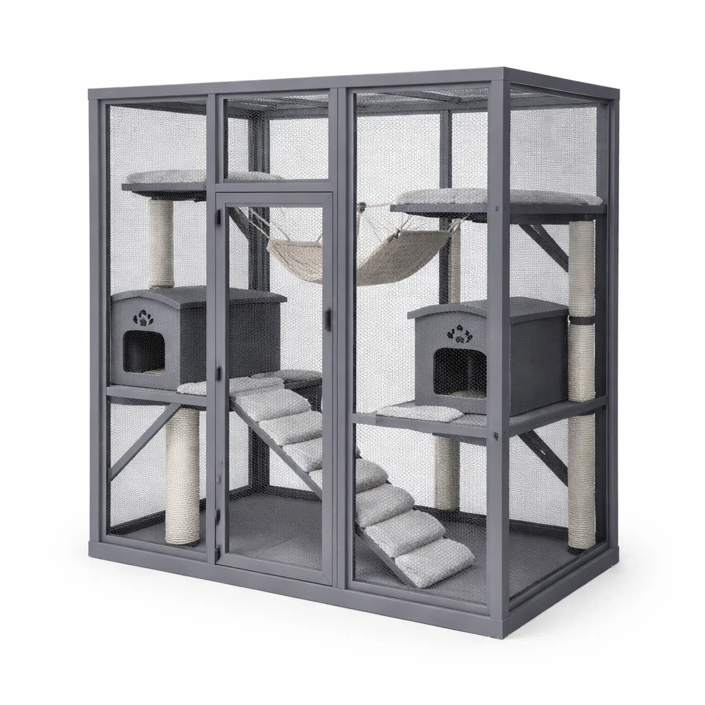 Cat cage Grey Metal Outdoor with Hammocks and Platforms-SOFARIKA