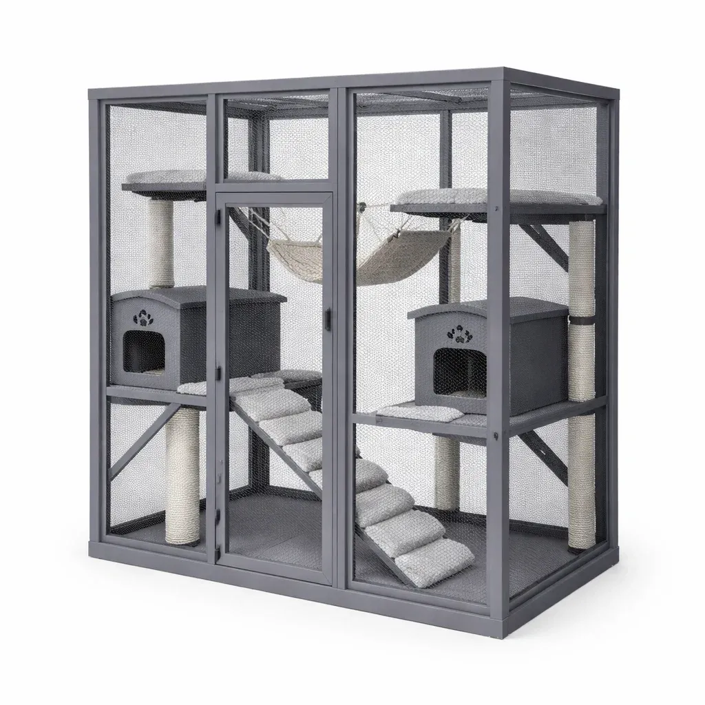 Cat cage Grey Metal Outdoor with Hammocks and Platforms-SOFARIKA