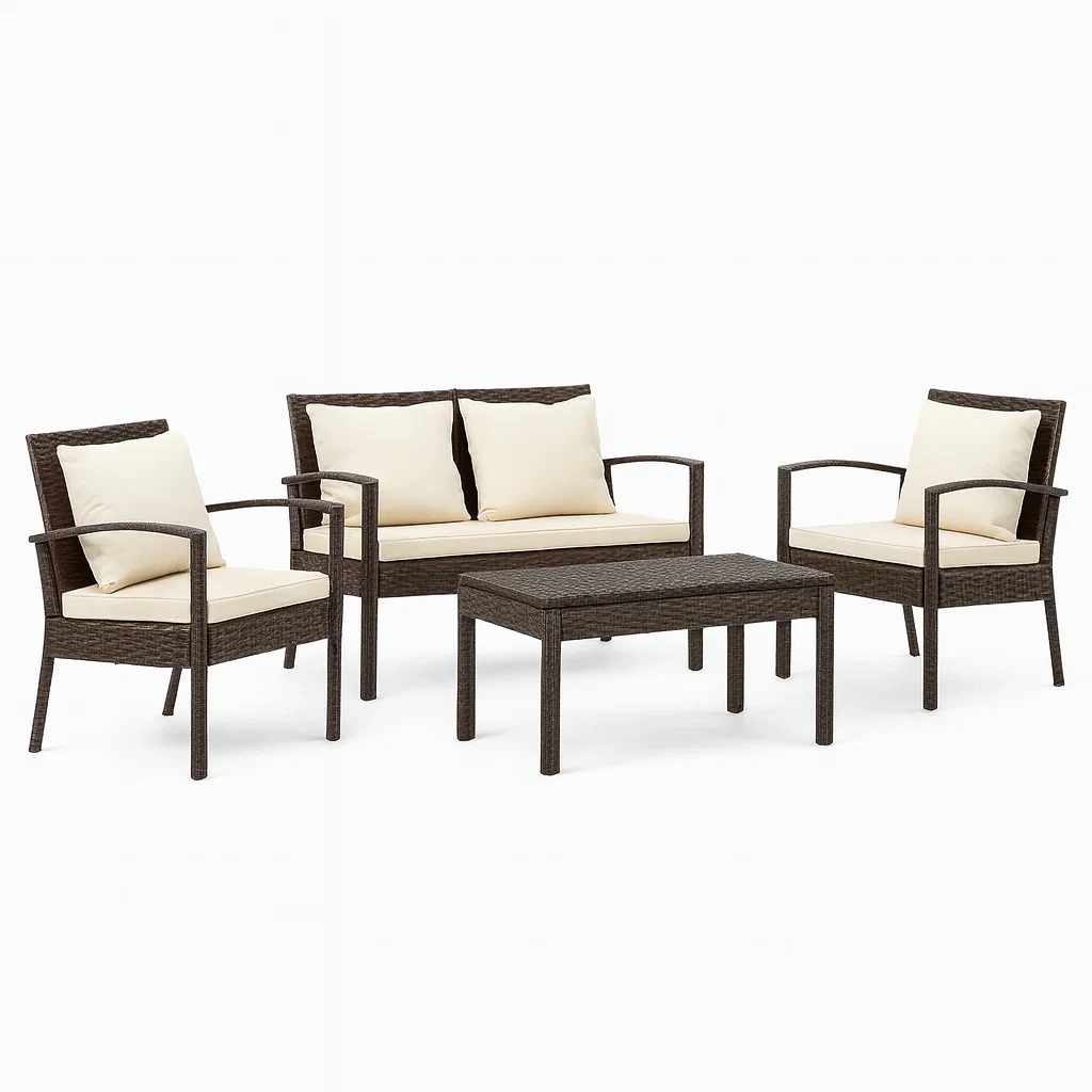 Conversation set 4-Piece Outdoor Furniture Brown Wicker Beige Cushions Steel Frame-SOFARIKA