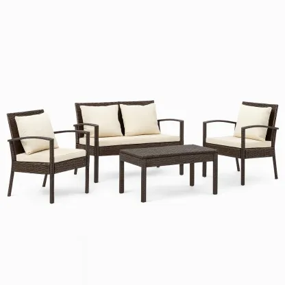 Conversation set 4-Piece Outdoor Furniture Brown Wicker Beige Cushions Steel Frame-SOFARIKA