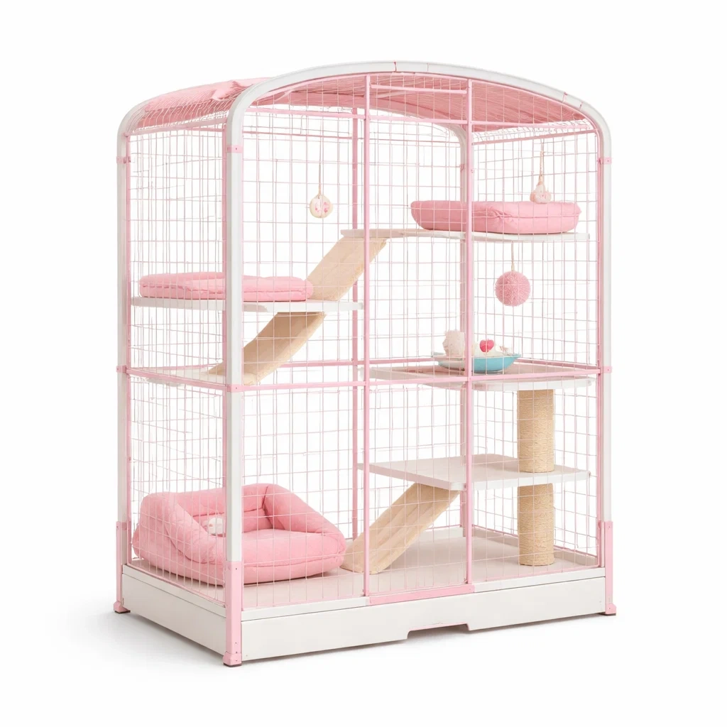 Cat cage Multi-Level Pink Metal with Soft Cushioned Ramps and Play Shelves-SOFARIKA