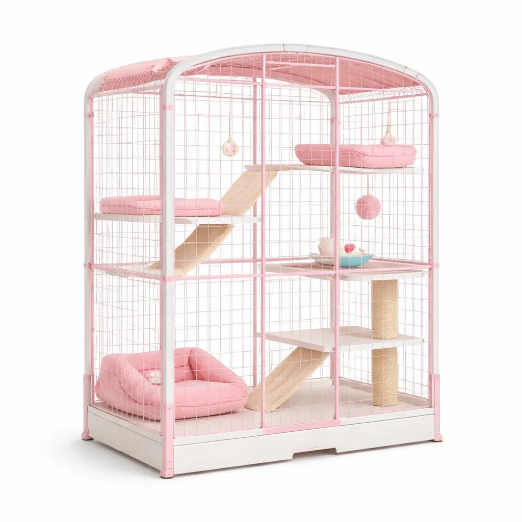 Cat cage Multi-Level Pink Metal with Soft Cushioned Ramps and Play Shelves-SOFARIKA