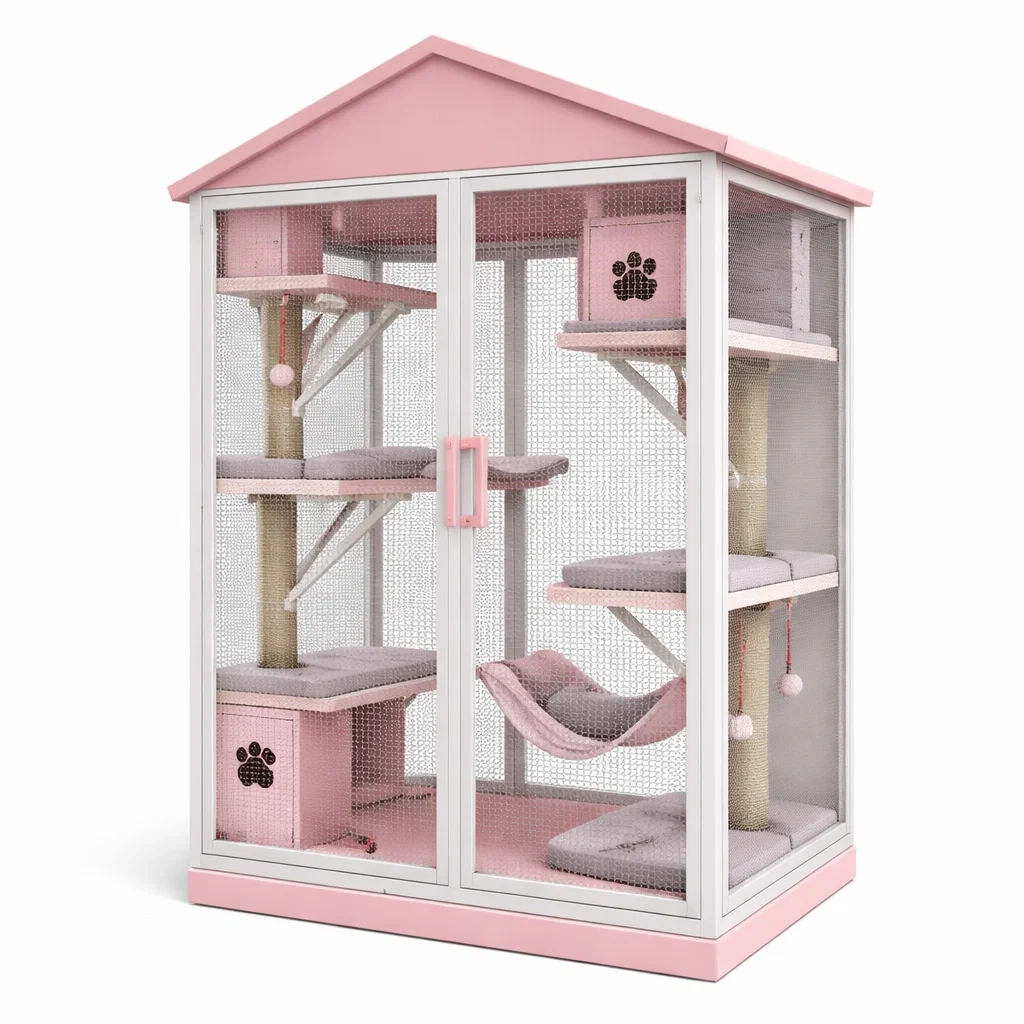 Cat cage Pink Metal and MDF with Sisal Posts and Hammock-SOFARIKA