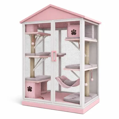 Cat cage Pink Metal and MDF with Sisal Posts and Hammock-SOFARIKA