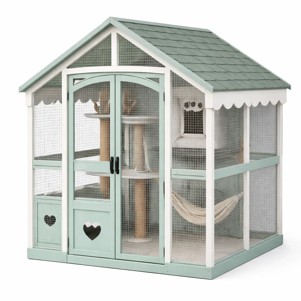 Cat cage Wooden Outdoor Mint Green with Wire Panels-SOFARIKA