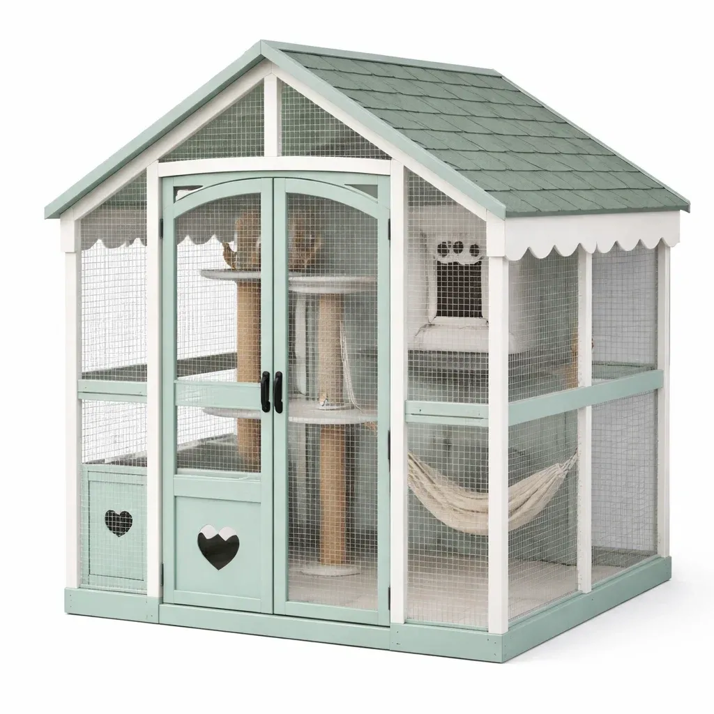 Cat cage Wooden Outdoor Mint Green with Wire Panels-SOFARIKA