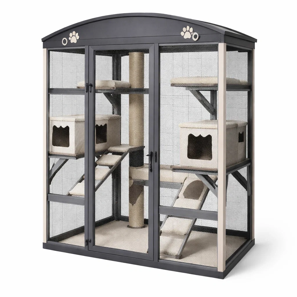 Cat cage Outdoor Metal Frame Beige Polyester Multi-Level-SOFARIKA