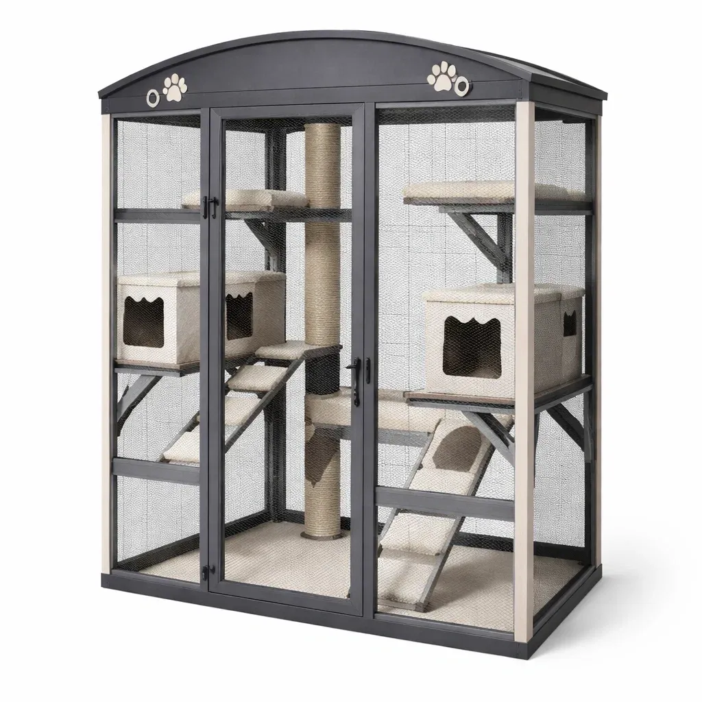 Cat cage Outdoor Metal Frame Beige Polyester Multi-Level-SOFARIKA