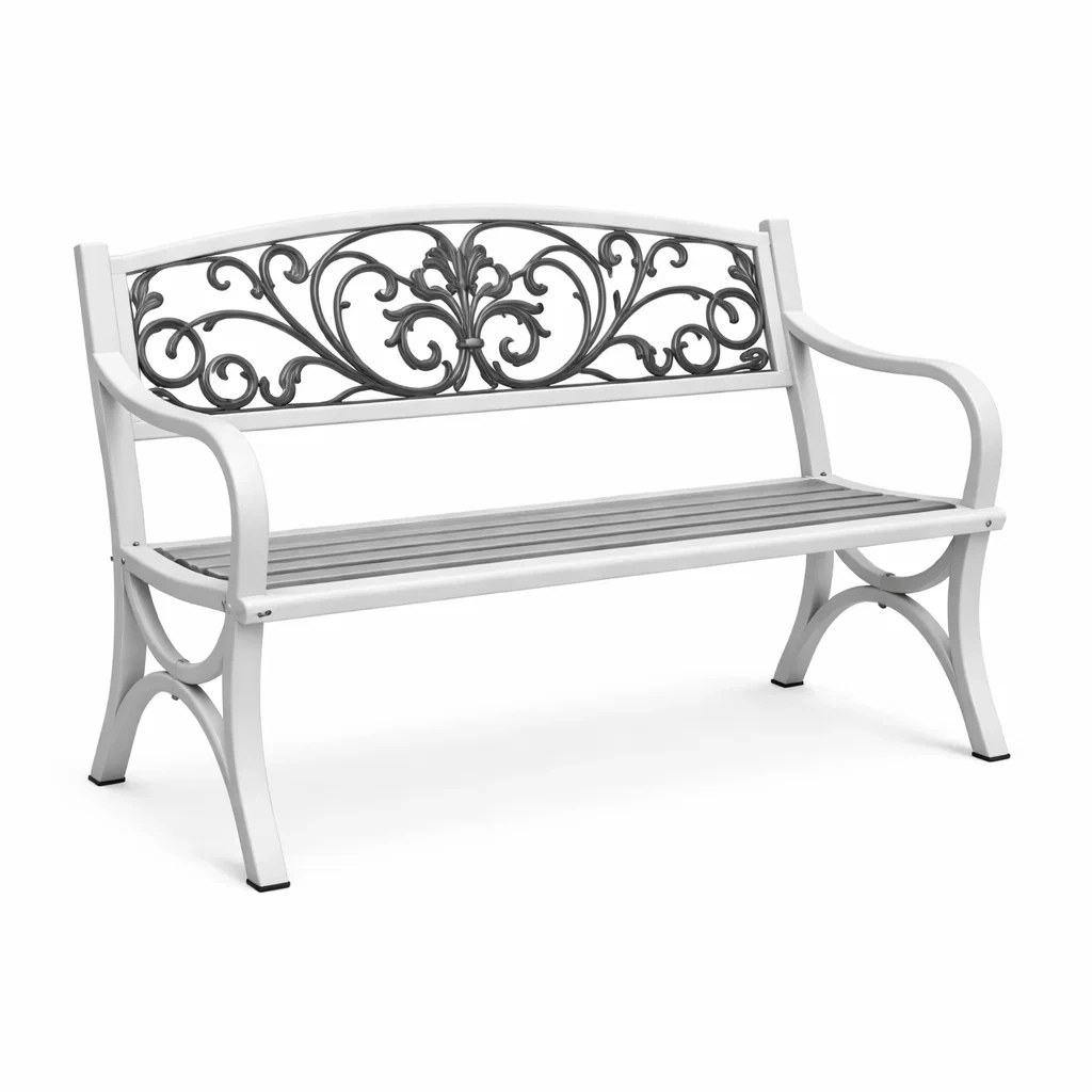 Bench Outdoor Cast Aluminium with Decorative Iron Backrest White-SOFARIKA
