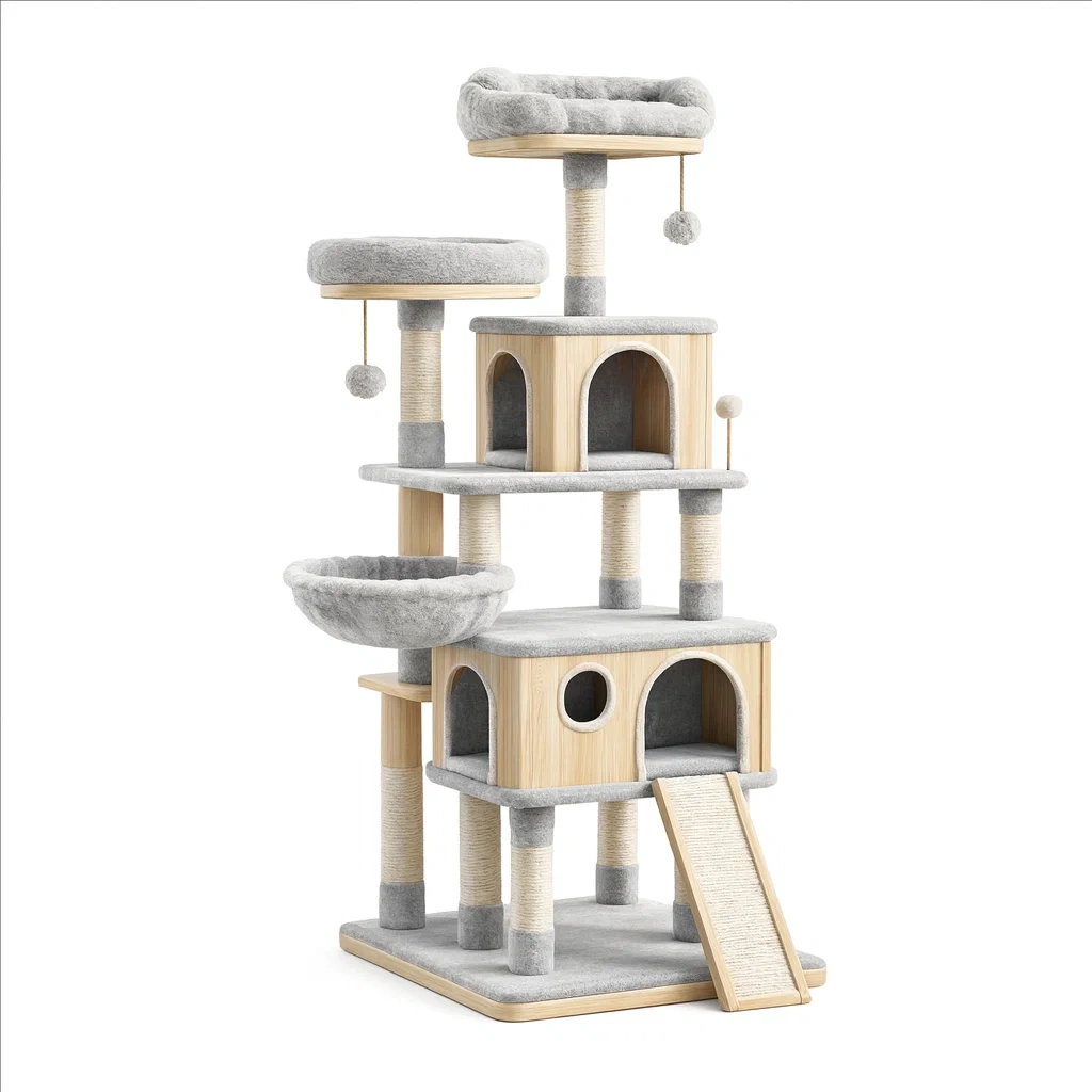 Cat tree Multi-Level Grey Plush with Particle Board and Sisal-SOFARIKA