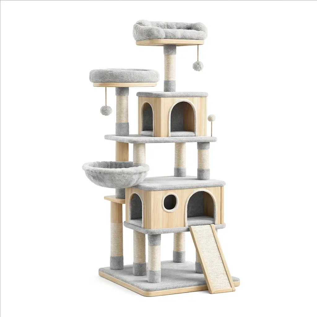 Cat tree Multi-Level Grey Plush with Particle Board and Sisal-SOFARIKA