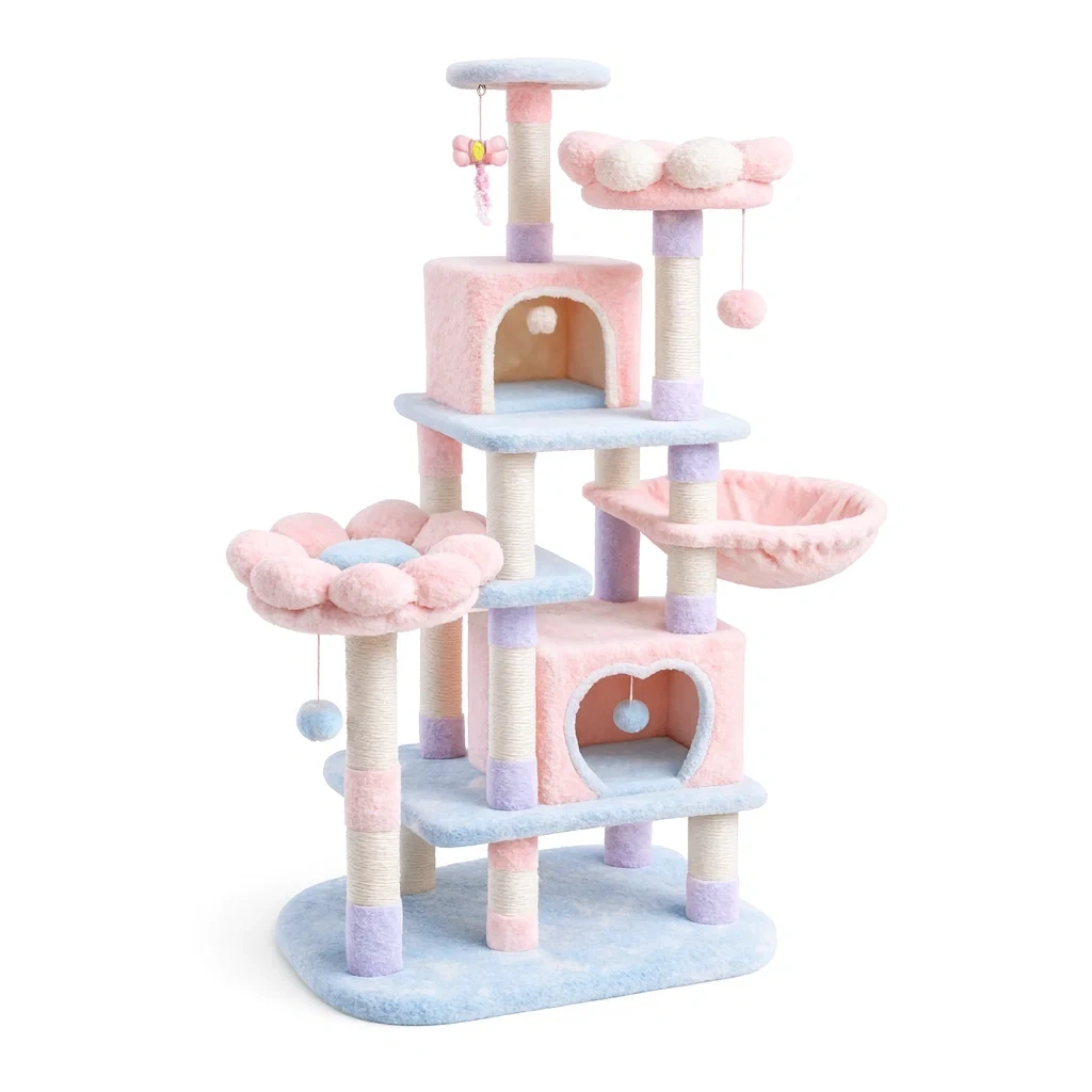 Cat tree Multilevel Pastel Pink Blue Beige with Sisal and Plush-SOFARIKA