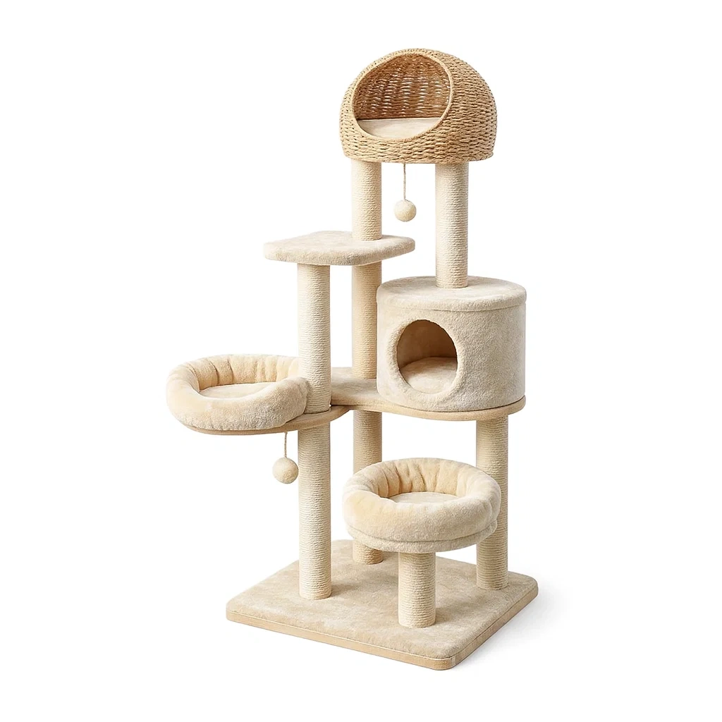 Cat tree Beige with Plush Fabric and Sisal Rope-SOFARIKA