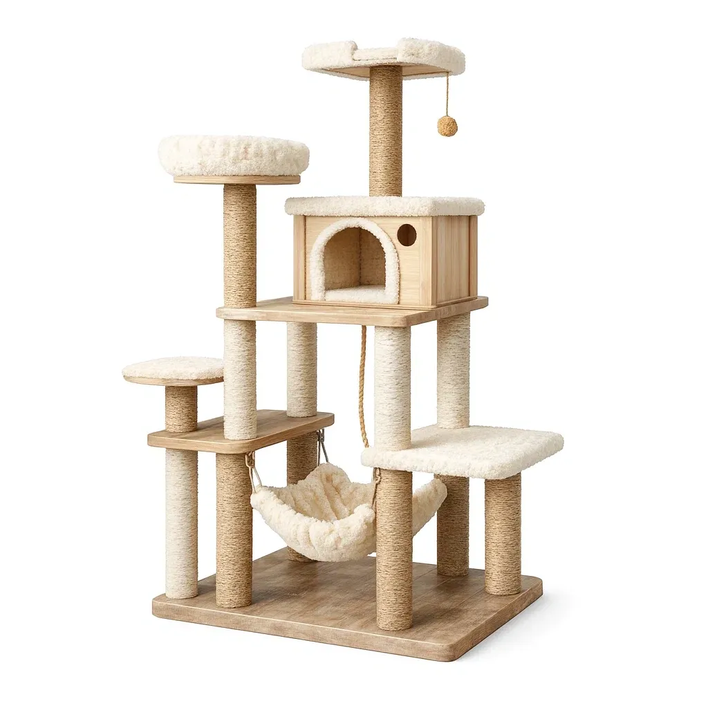 Cat tree Multi-Level Beige with Sisal Posts and Plush Hammock-SOFARIKA