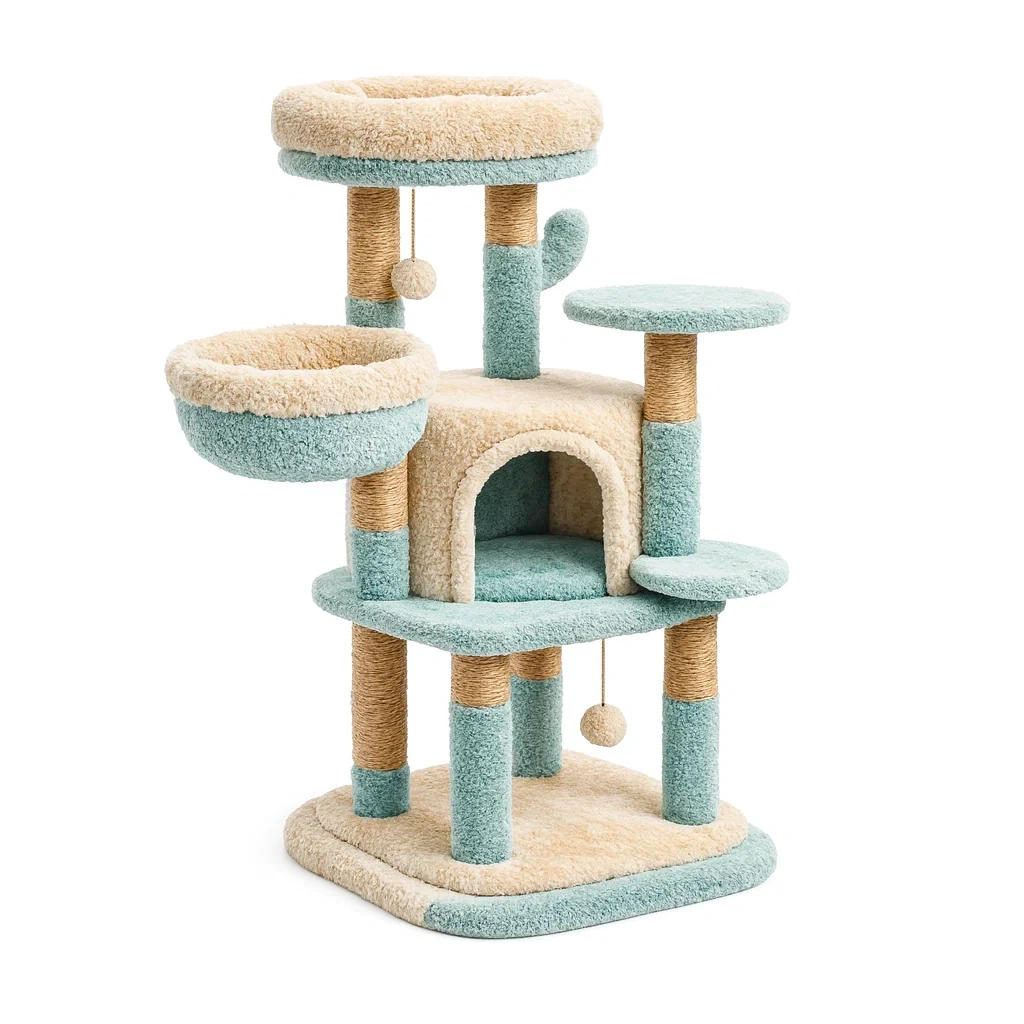 Cat tree Beige Blue Plush with Sisal Multi-Level-SOFARIKA