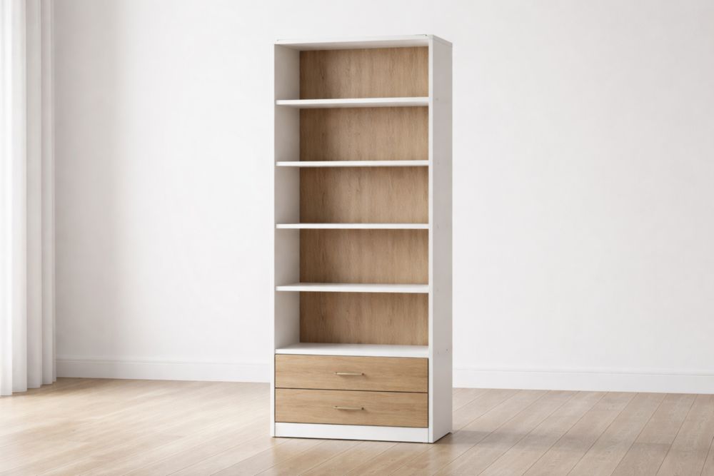 Tall Wooden Bookshelf with Two Drawers White/Natural