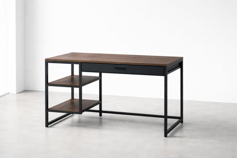 Wood and Metal Desk with Drawer and Shelves Brown Black 120cm x 60cm x 75cm