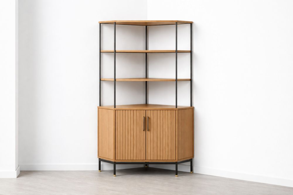Corner Storage Cabinet with Shelves and Metal Frame