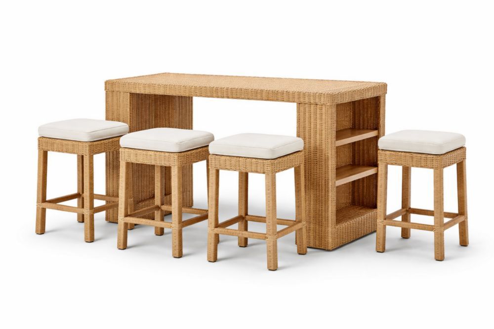 Wicker Bar Table Set with Cushioned Stools and Storage Shelves Beige