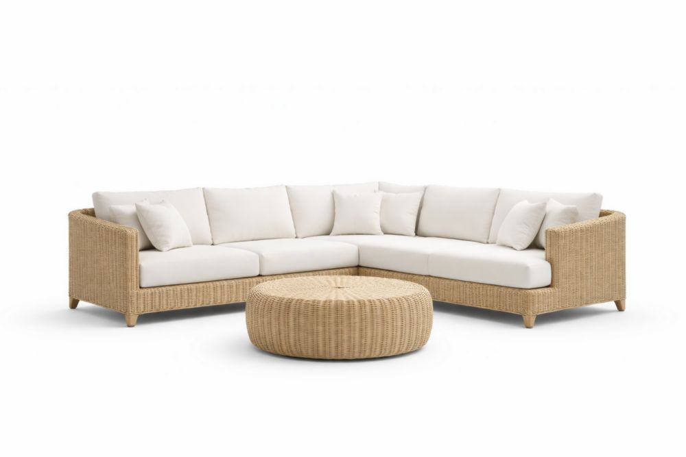 Rattan Sectional Sofa Set with White Cushions and Round Ottoman