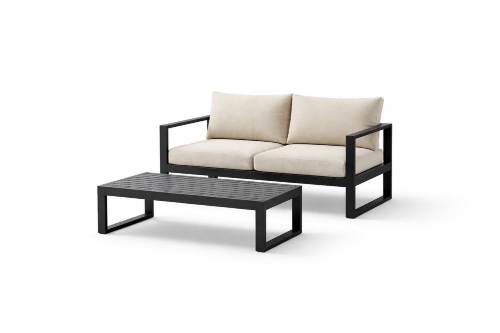 Aluminum Outdoor Sofa and Coffee Table Set with Beige Cushions and Black Frame