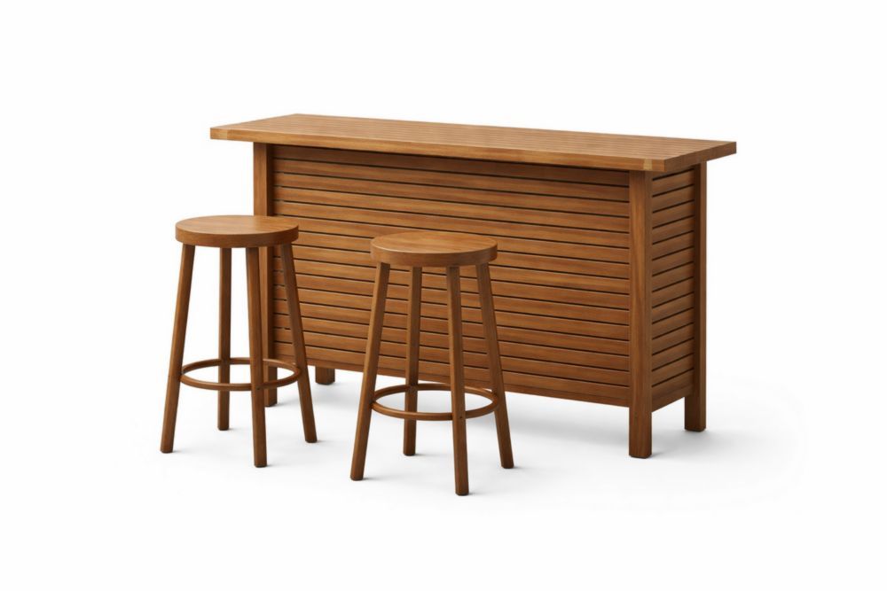 Outdoor Acacia Wood Bar Table Set with Two Stools