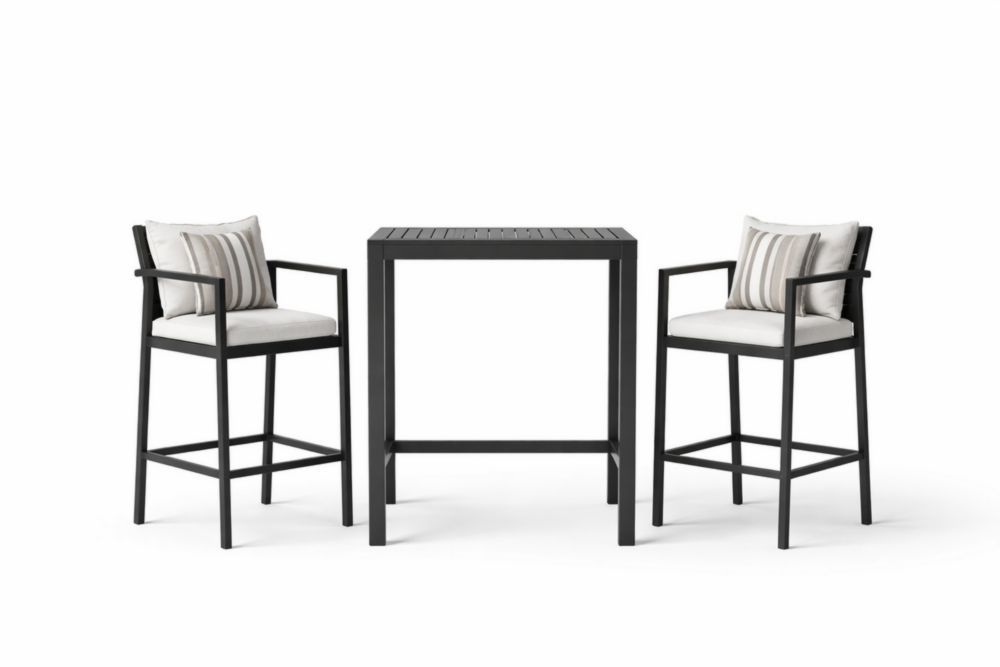 Outdoor Metal Bar Table and Chair Set with Cushions Black 3-Piece