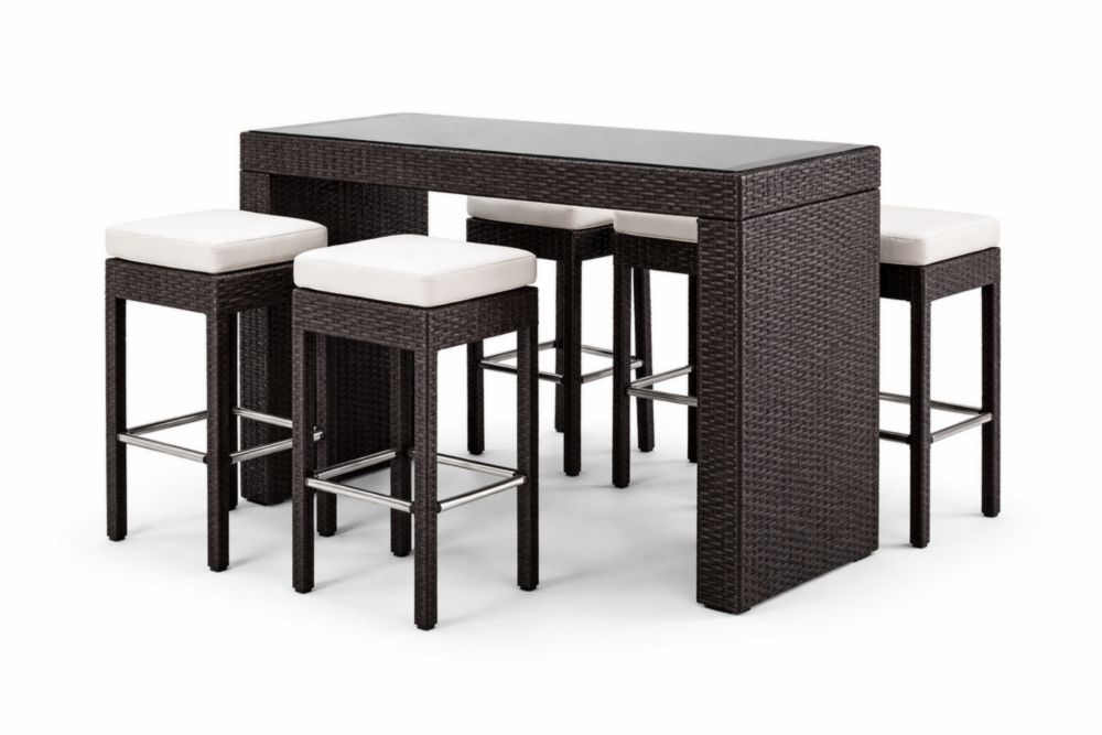 Brown Wicker Bar Set with Glass Table and White Cushions