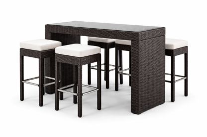 Brown Wicker Bar Set with Glass Table and White Cushions
