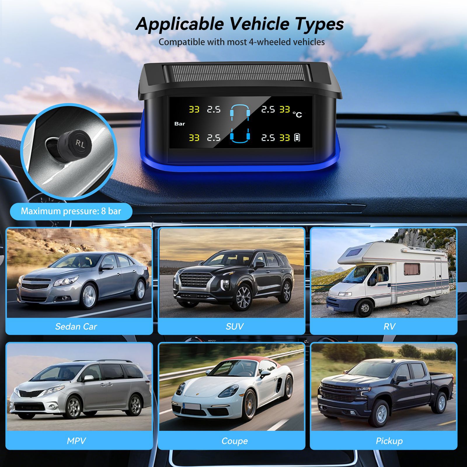 نظام مراقبة ضغط الإطارات بالطاقة الشمسية (TPMS) للسيارات، مناسب للشاحنات والمقطورات والمركبات الترفيهية، مزود بـ 6 حساسات خارجية، ونظام إنذار أمان، وملحقات سيارات.