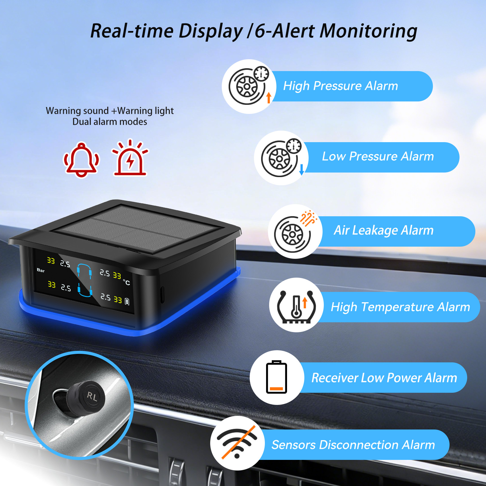 نظام مراقبة ضغط الإطارات بالطاقة الشمسية (TPMS) للسيارات، مناسب للشاحنات والمقطورات والمركبات الترفيهية، مزود بـ 6 حساسات خارجية، ونظام إنذار أمان، وملحقات سيارات.