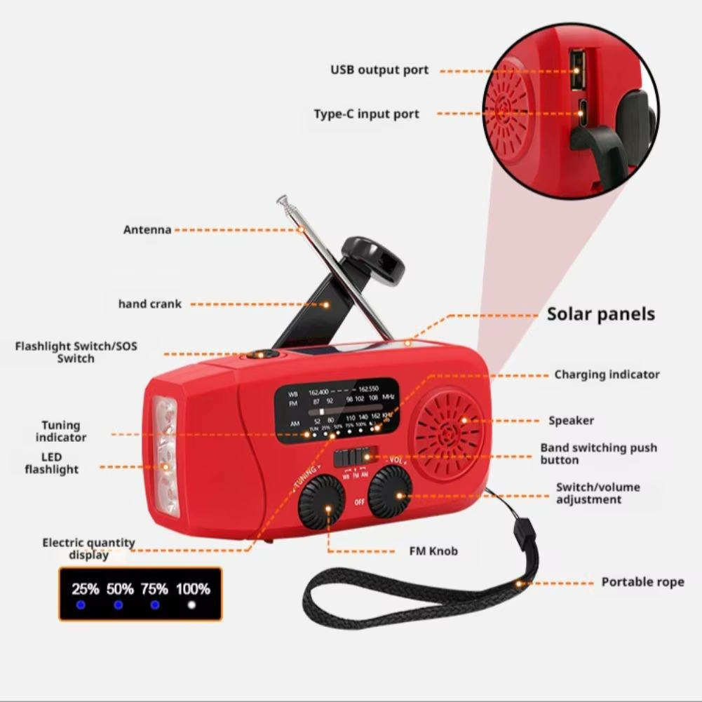متعددة الوظائف الشمسية كرنك اليد راديو FM AM WB الطقس راديو 2000mAh USB شحن الطوارئ مصباح ليد جيب قوة البنك ﻿