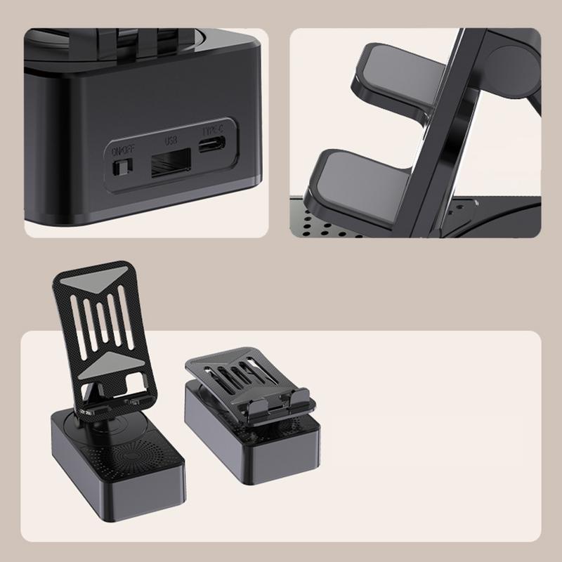 حامل الهاتف المحمول مع بنك الطاقة ومكبر الصوت 3 في 1 - حل محمول كامل، سعة بطارية 5000 مللي أمبير في الساعة