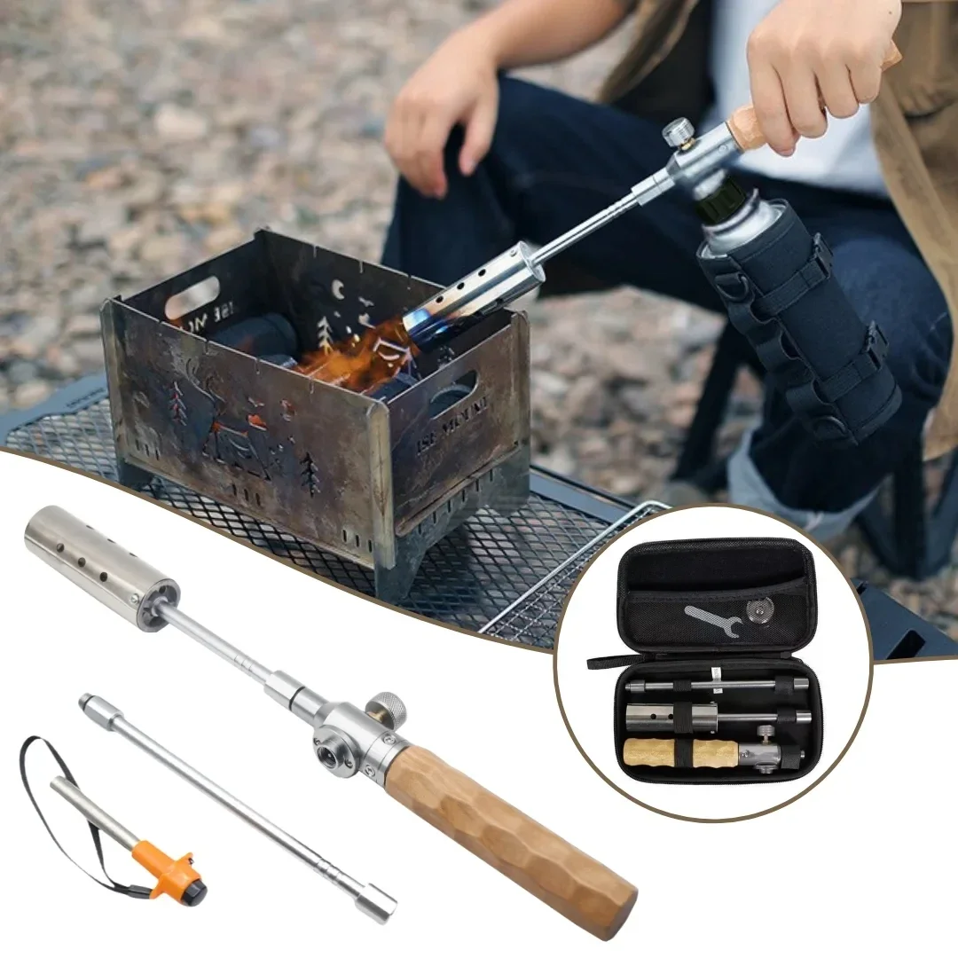 موقد إشعال طويل اللهب منللتخييم للاستخدام الخارجي بمقبض خشبي وموقد شواء للنزهات وخزان غاز ومسدس رش ومجموعة أدوات موقد قابلة للإزالة