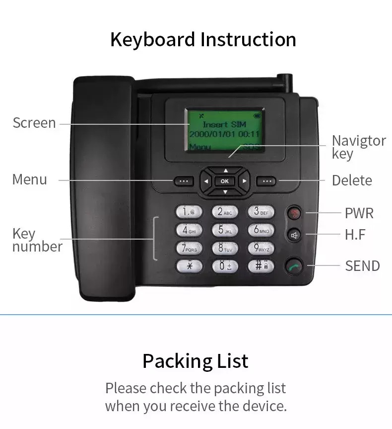 هاتف لاسلكي GSM، هاتف منزلي ومكتبي وتجاري ثابت مع راديو وفتحة لبطاقة الهاتف