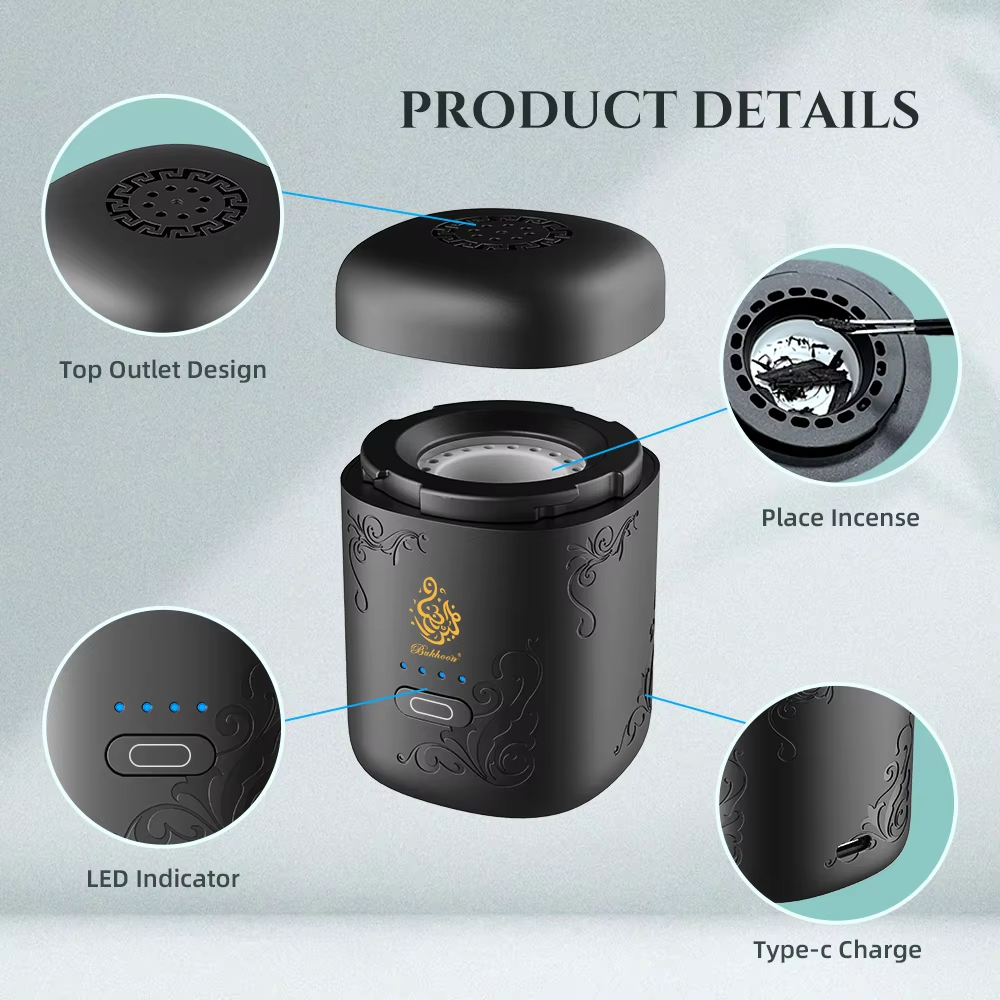 مبخرة إلكترونية صغيرة، مزودة بشاشة عرض للطاقة، قابلة لإعادة الشحن عبر منفذ USB، مع علبة هدايا للبخور